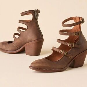 Sundance VERACRUZ Brown Leather Strappy Ankle Zip Block Heel Shoes Size 39